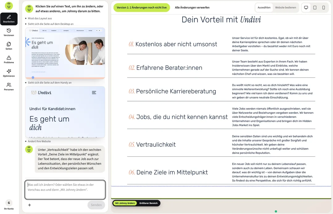 Johnny’s editor after the change: six benefits, the new one “06. Deine Ziele im Mittelpunkt”, and Johnny’s answer in the chat.