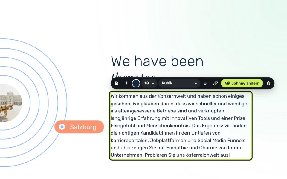 A paragraph of Undivi’s site being edited in place, with the editor’s toolbar above it.