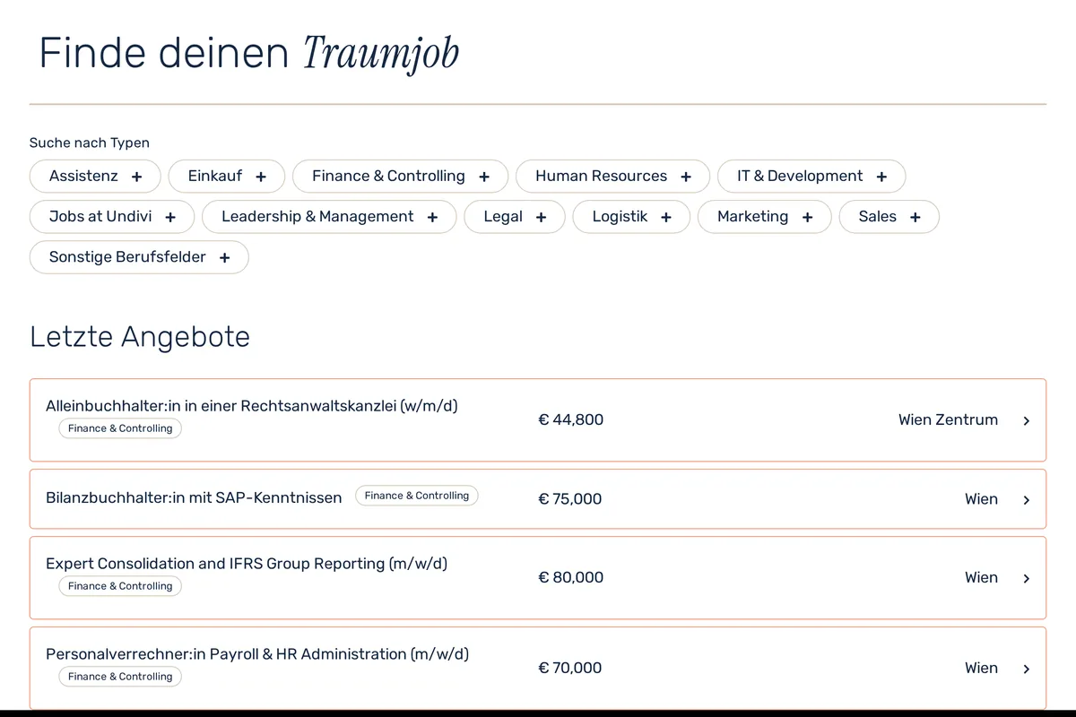 Undivi’s job page: “Finde deinen Traumjob”, the latest four ads on top.