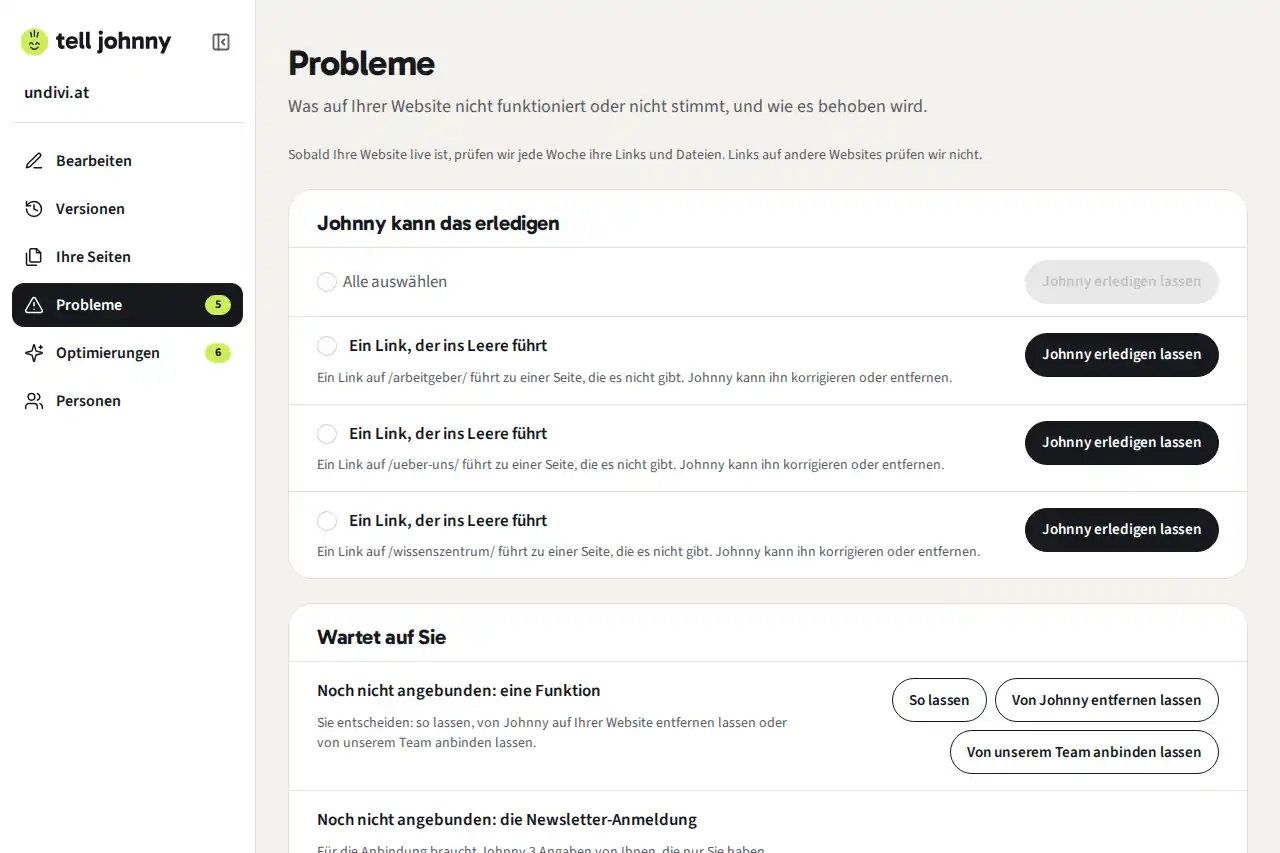 Johnnys Editor für undivi.at, Seite Probleme: drei Links, die ins Leere führen, jeder mit „Johnny erledigen lassen“.